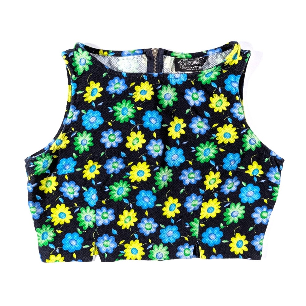 Vintage Streetwear Floral Crop Top Multi Sleeveless Back Zip 90s Made in US Sz S